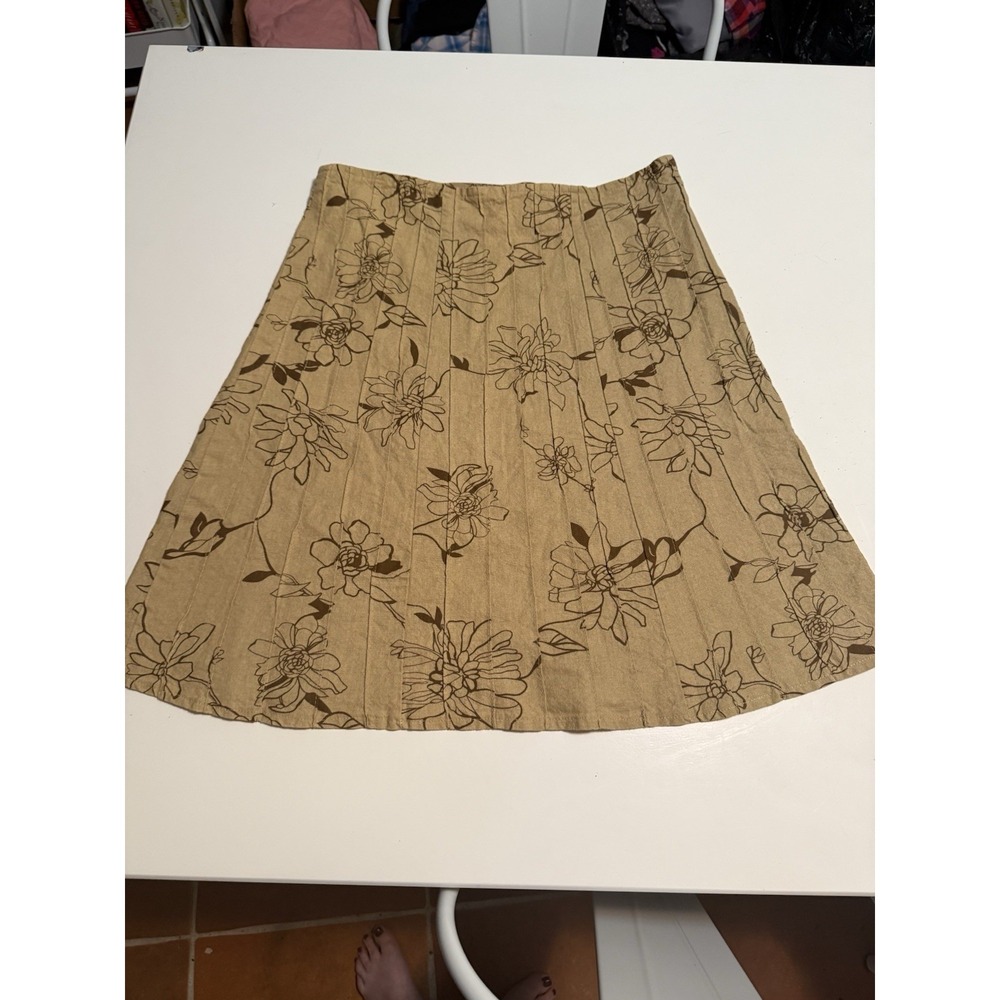Women's XL Regular Beige/Brown Floral Cotton A-Line Knee Length Skirt